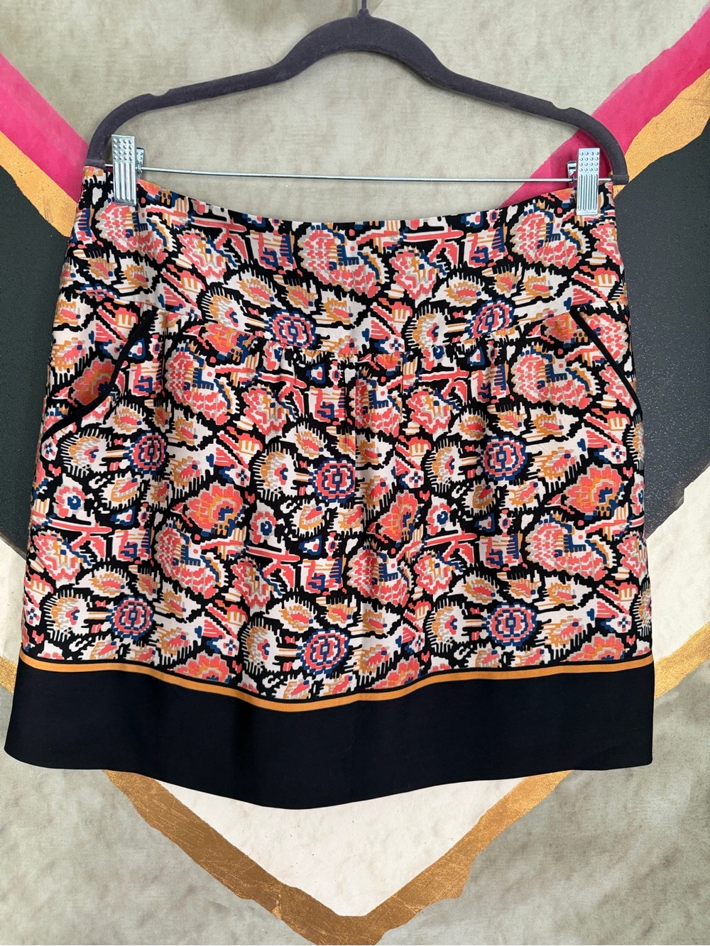 Dalia Collection Black Mini Skirt with Coral and Pink Floral Pattern